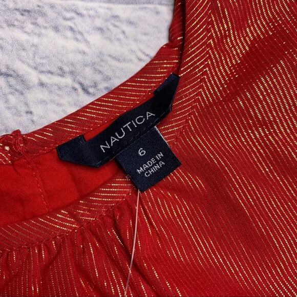 NEW Nautica Blouse, Flare Bell Sleeve, Red/Metallic Gold Stripes - Picture 10 of 10